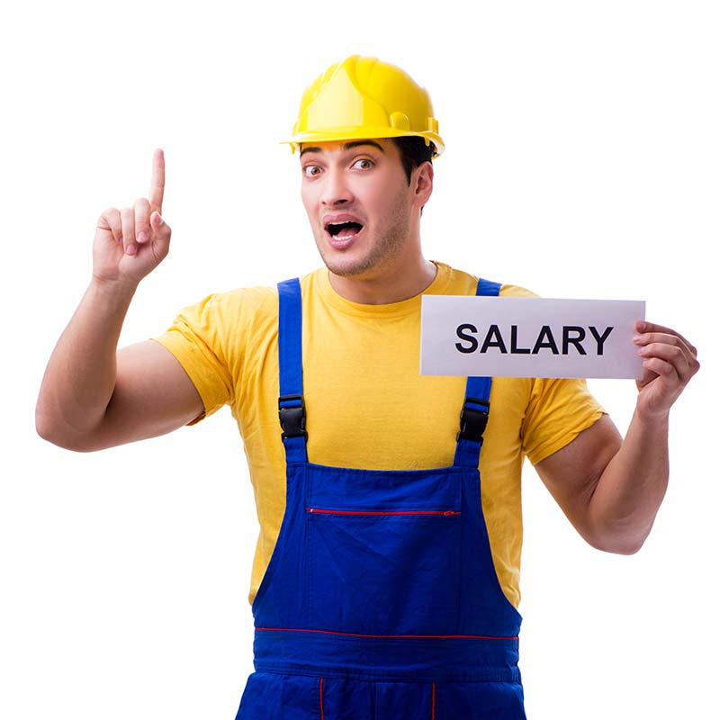 Man pointing up with a sign that says salary